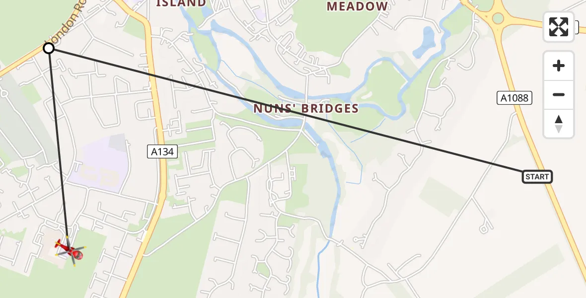 Flight path map showing Air Ambulance Helicopter route from Breckland to Thetford