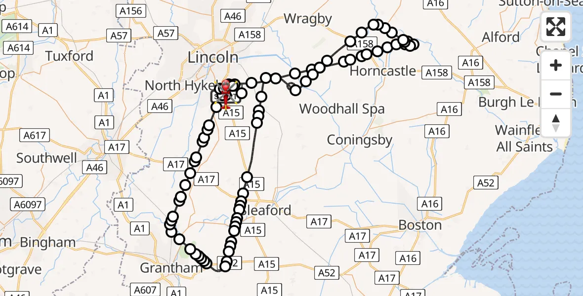 Flight path map showing Air Ambulance Helicopter route from RAF Waddington to North Kesteven