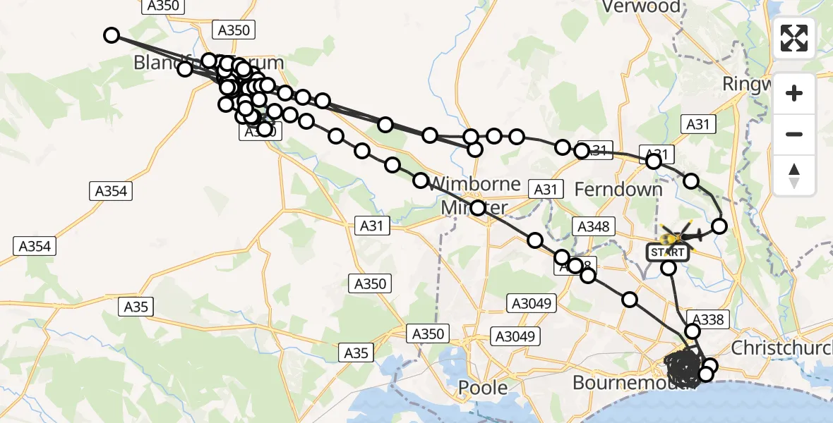 Flight path map showing Police Helicopter route from Bournemouth Airport to Bournemouth Airport