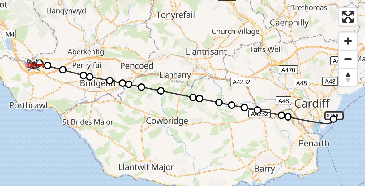 Flight path map showing Air Ambulance Helicopter route from Cardiff Heliport to Pyle