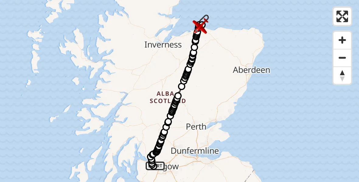 Flight path map showing Air Ambulance Aircraft route from Glasgow Airport to Lossiemouth