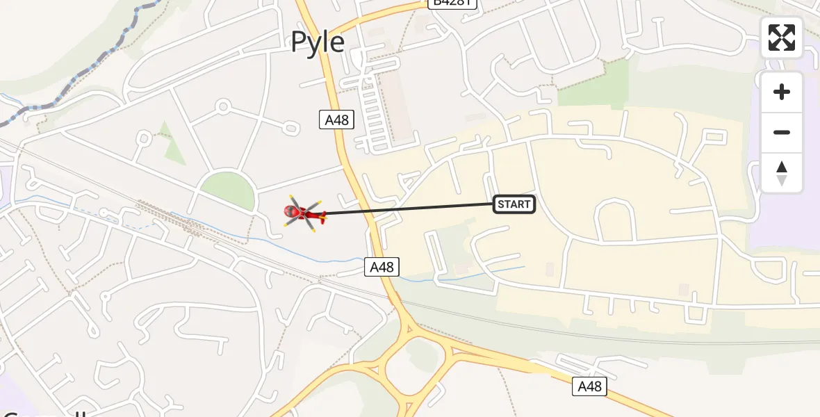 Flight path map showing Air Ambulance Helicopter route from Pyle to Pyle