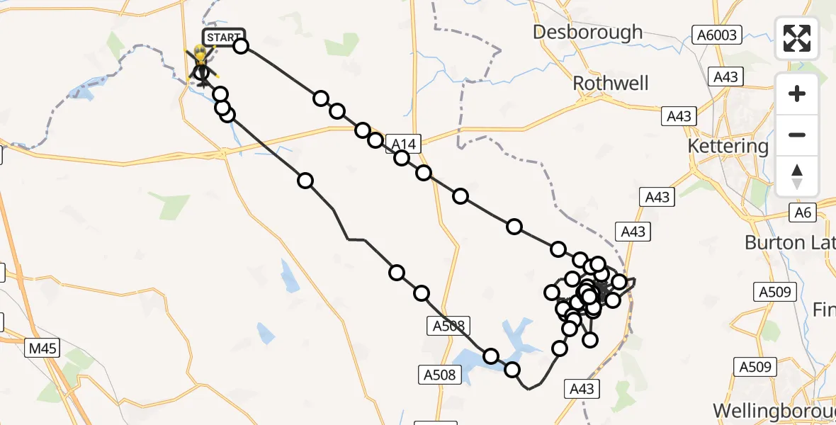 Flight path map showing Police Helicopter route from Husbands Bosworth Airfield to Harborough