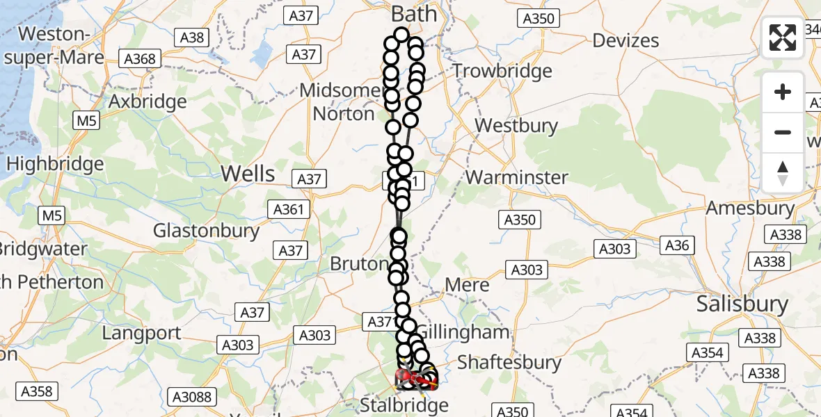 Flight path map showing Air Ambulance Helicopter route from Henstridge Airfield to Henstridge Airfield
