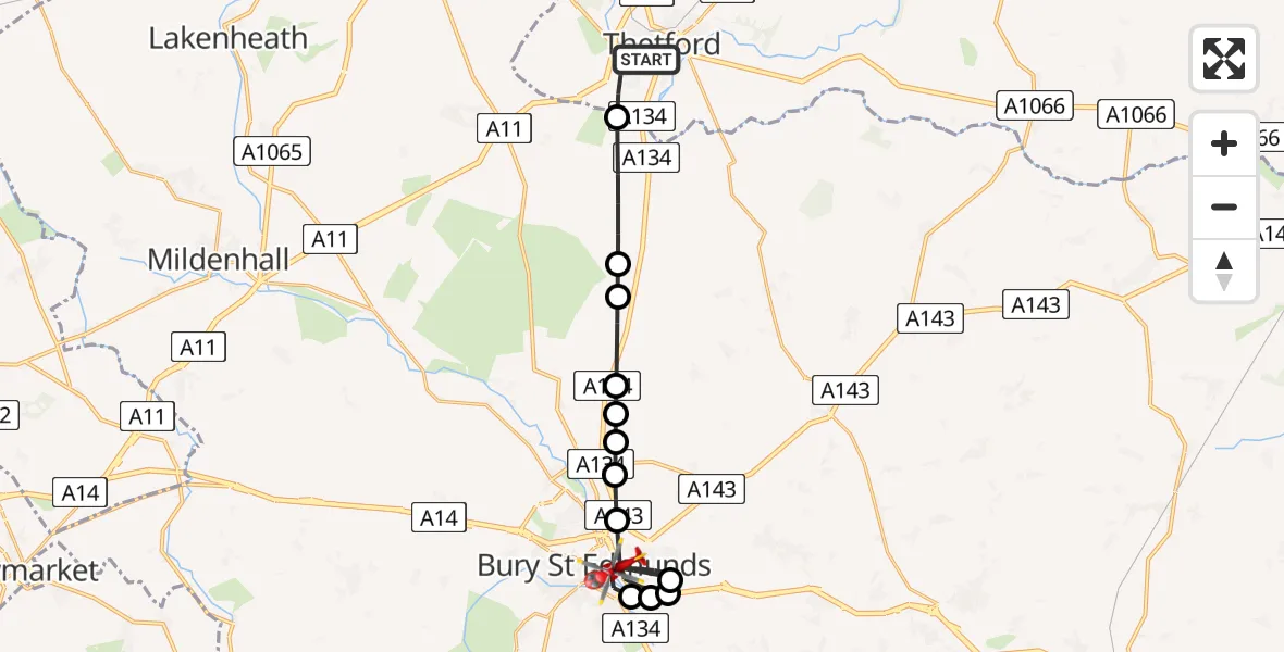Flight path map showing Air Ambulance Helicopter route from Thetford to Bury St Edmunds
