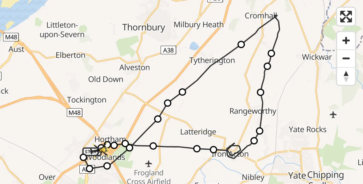 Flight path map showing Police Helicopter route from Almondsbury Helicopter Base to Almondsbury Helicopter Base