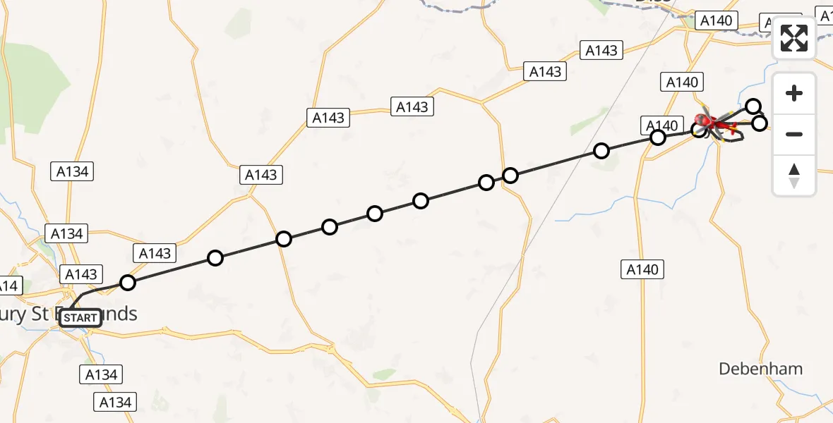 Flight path map showing Air Ambulance Helicopter route from Bury St Edmunds to Eye