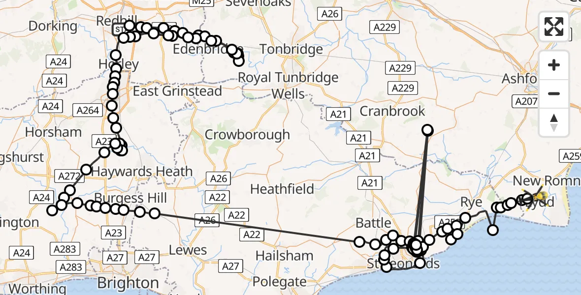 Flight path map showing Police Helicopter route from South Nutfield to Lydd
