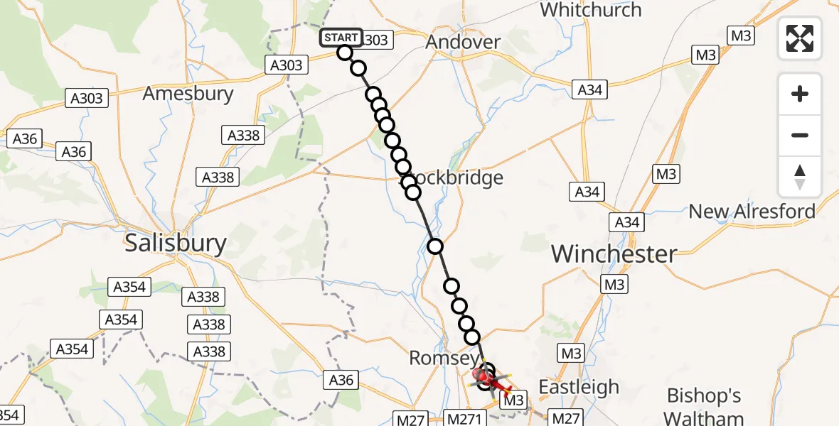 Flight path map showing Air Ambulance Helicopter route from Thruxton Aerodrome to North Baddesley