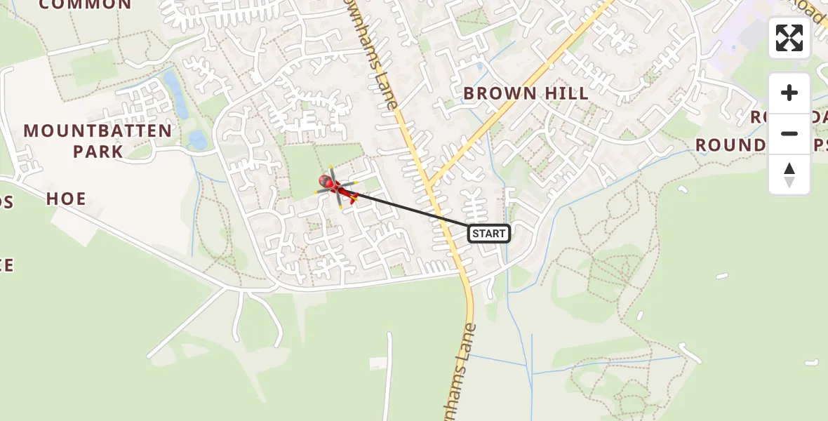 Flight path map showing Air Ambulance Helicopter route from North Baddesley to North Baddesley