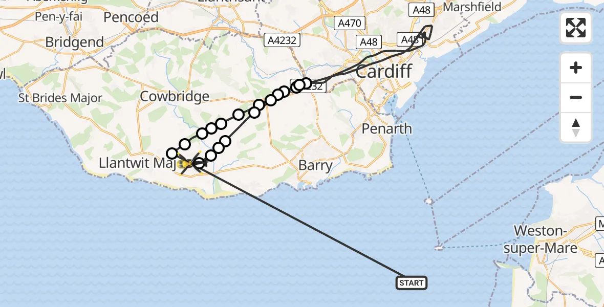 Flight path map showing Police Helicopter route from Bristol Channel to MOD St Athan