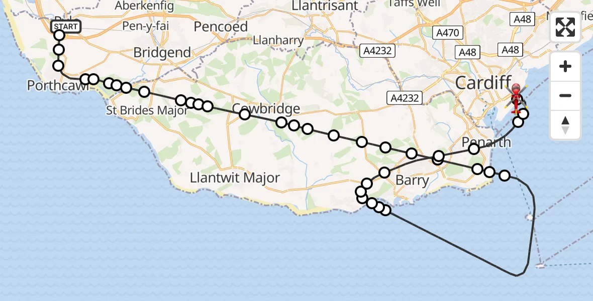 Flight path map showing Air Ambulance Helicopter route from Pyle to Cardiff Heliport