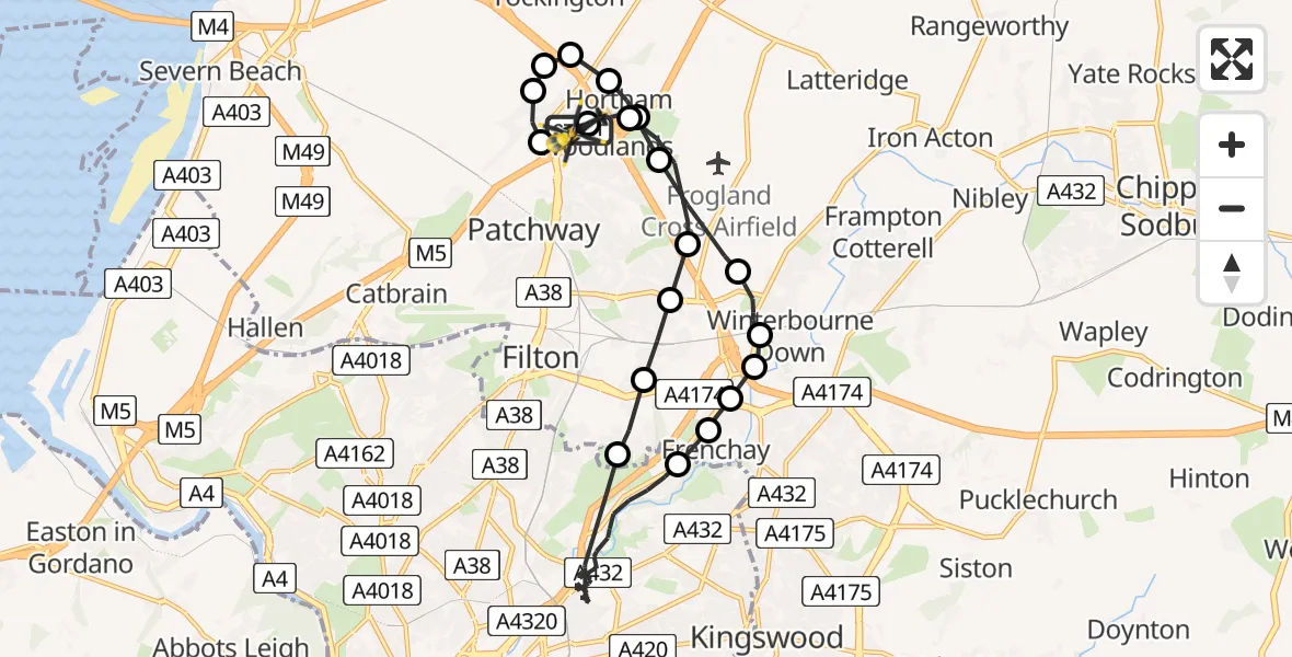Flight path map showing Police Helicopter route from Almondsbury Helicopter Base to Almondsbury Helicopter Base