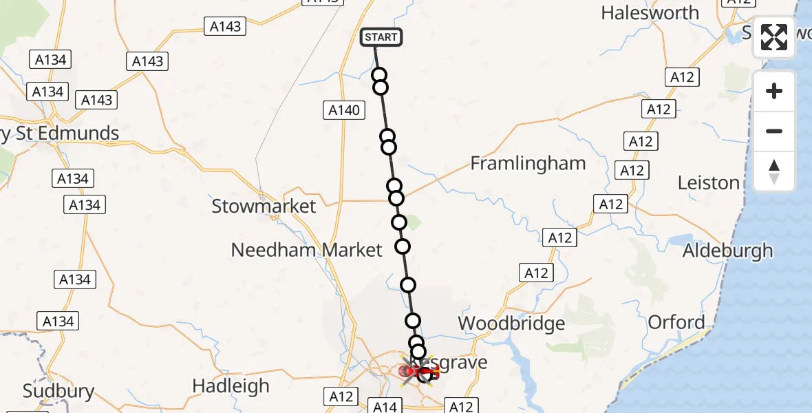 Routekaart van de vlucht: Air Ambulance Helicopter to Rushmere St Andrew, Heath Road