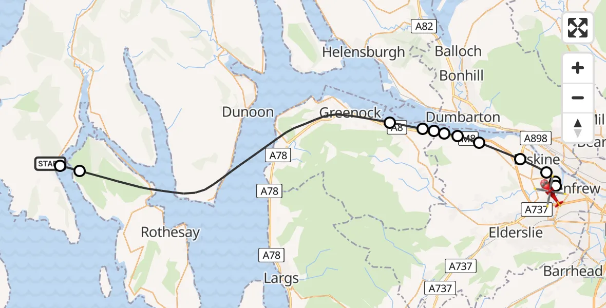 Flight path map showing Air Ambulance Helicopter route from Inner Seas to Glasgow Airport