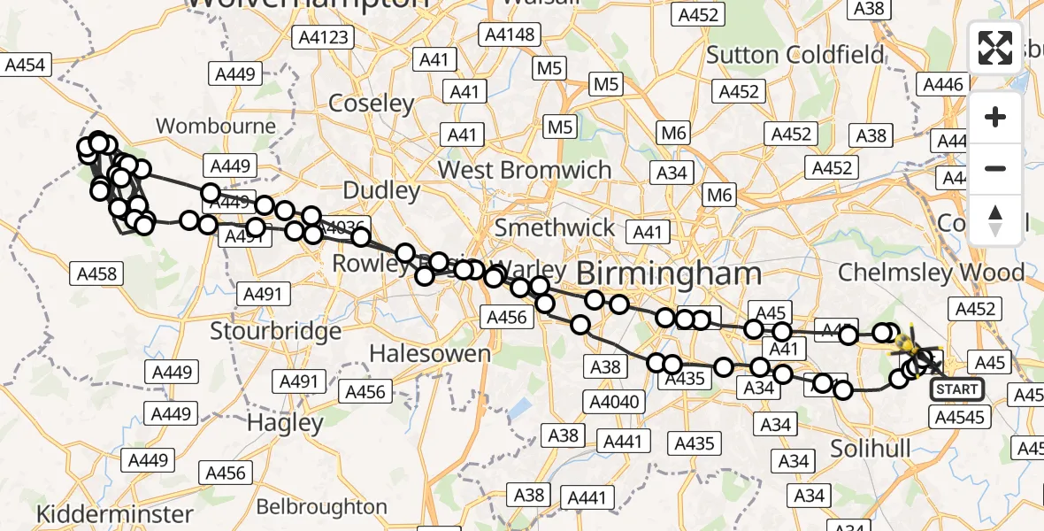 Flight path map showing Police Helicopter route from Bickenhill to Birmingham
