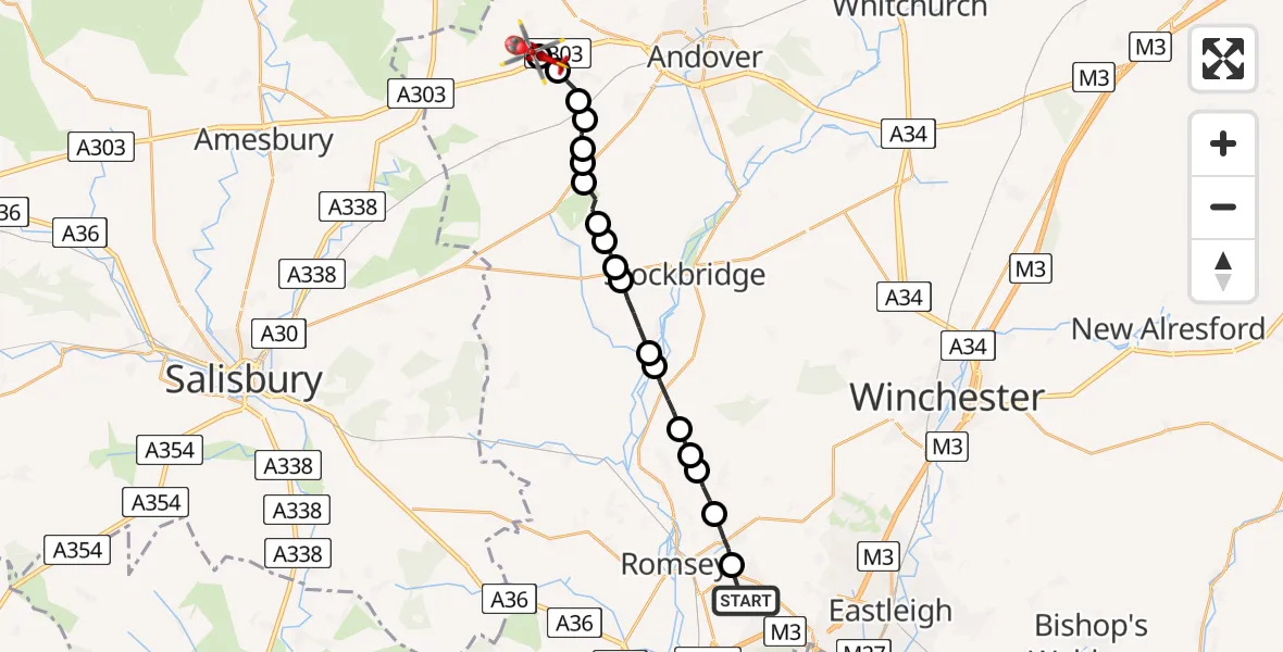Flight path map showing Air Ambulance Helicopter route from North Baddesley to Thruxton Aerodrome