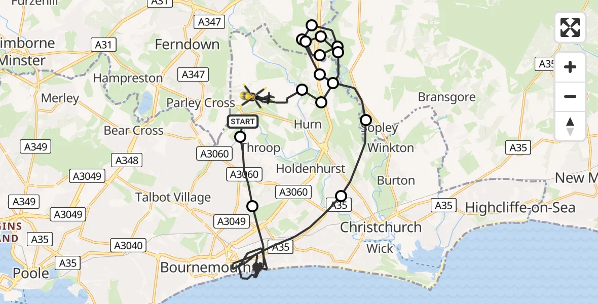 Flight path map showing Police Helicopter route from Bournemouth Airport to Bournemouth Airport