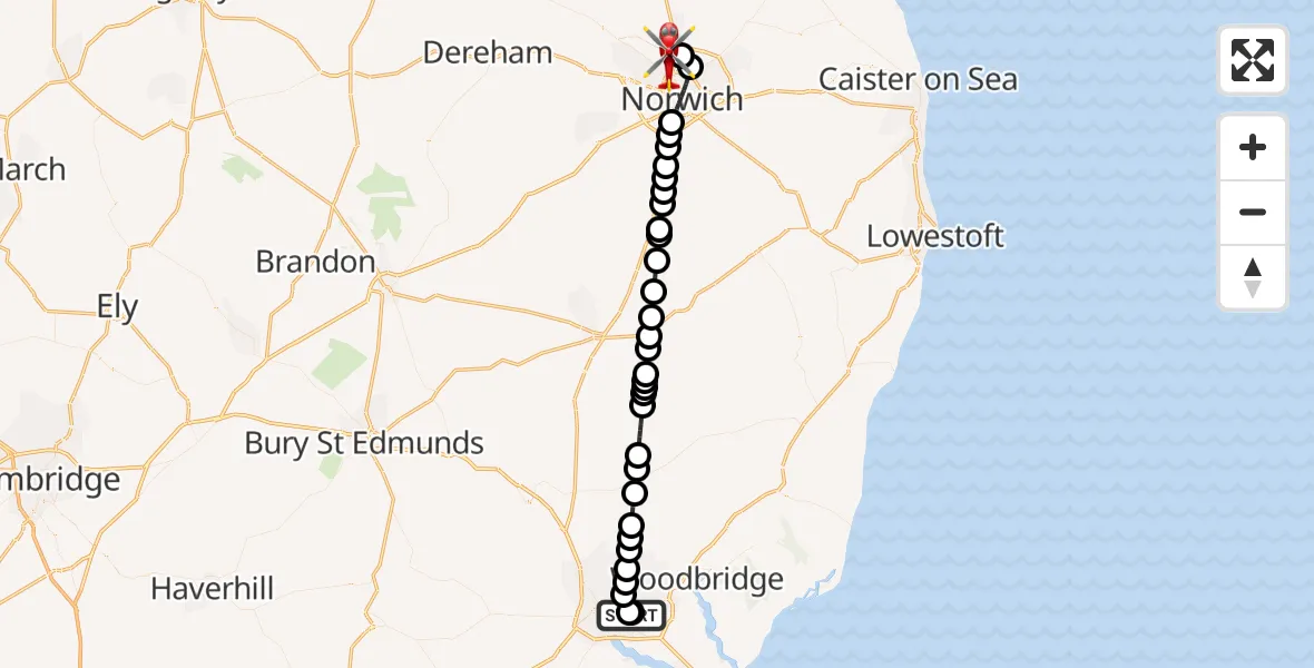 Flight path map showing Air Ambulance Helicopter route from Ipswich Hospital to Norwich Airport