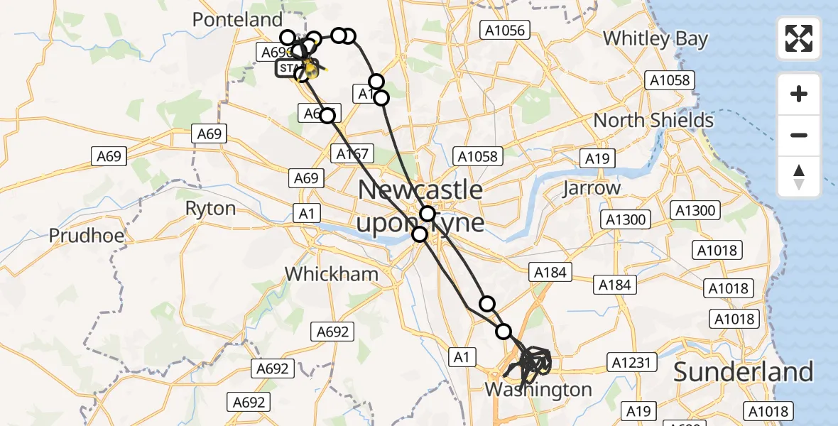 Flight path map showing Police Helicopter route from Newcastle International Airport to Newcastle International Airport
