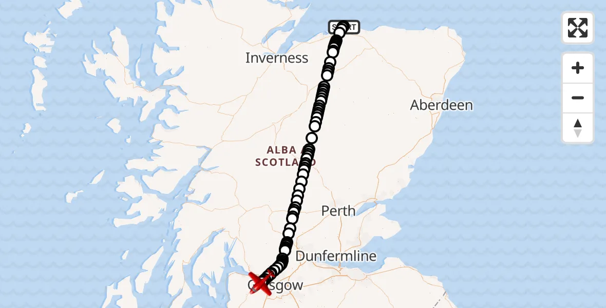 Flight path map showing Air Ambulance Aircraft route from RAF Lossiemouth to Glasgow Airport