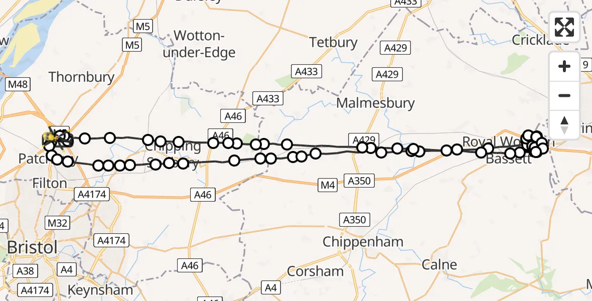 Flight path map showing Police Helicopter route from Almondsbury Helicopter Base to Almondsbury Helicopter Base