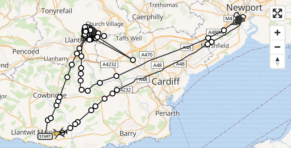 Flight path map showing Police Helicopter route from Boverton to MOD St Athan