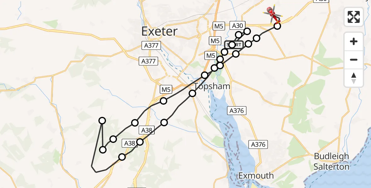 Flight path map showing Air Ambulance Helicopter route from Clyst St Mary to Rockbeare