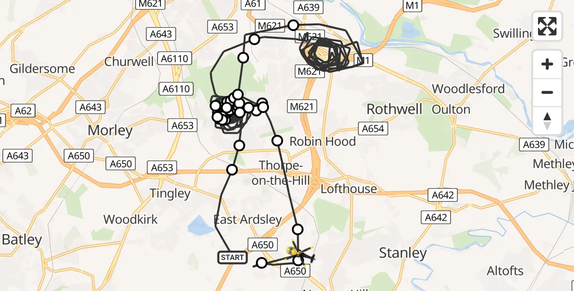 Flight path map showing Police Helicopter route from East Ardsley to Wakefield