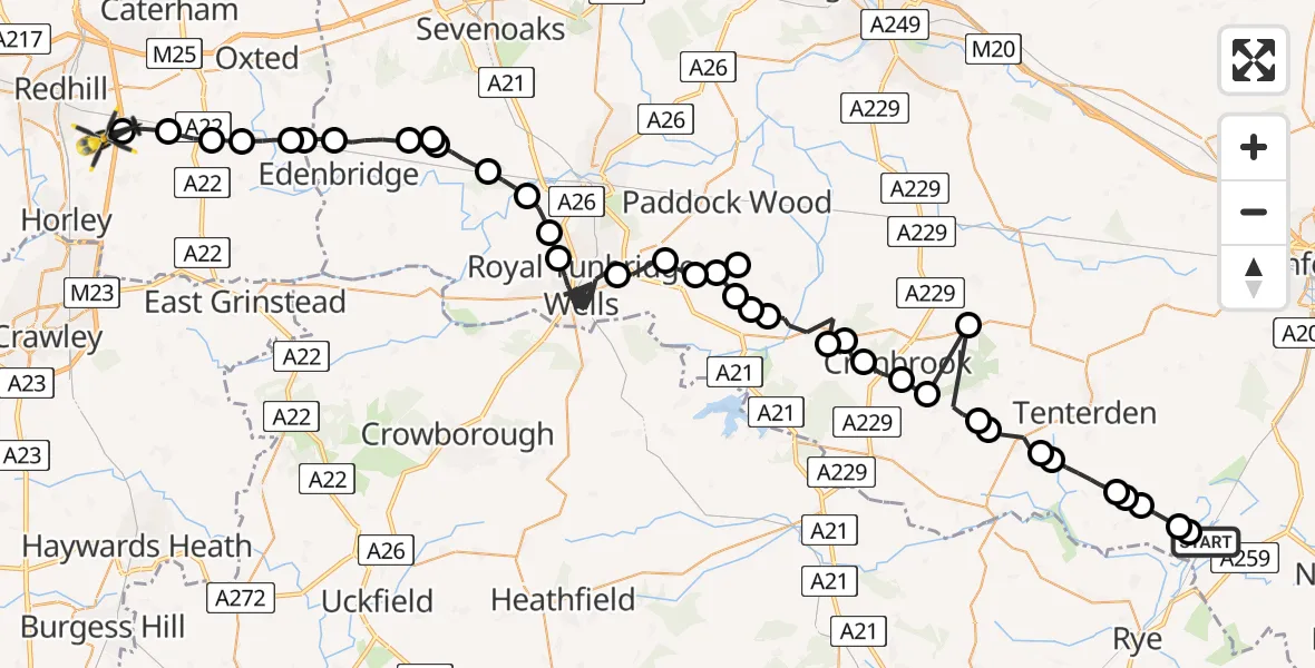 Flight path map showing Police Helicopter route from Ashford to South Nutfield