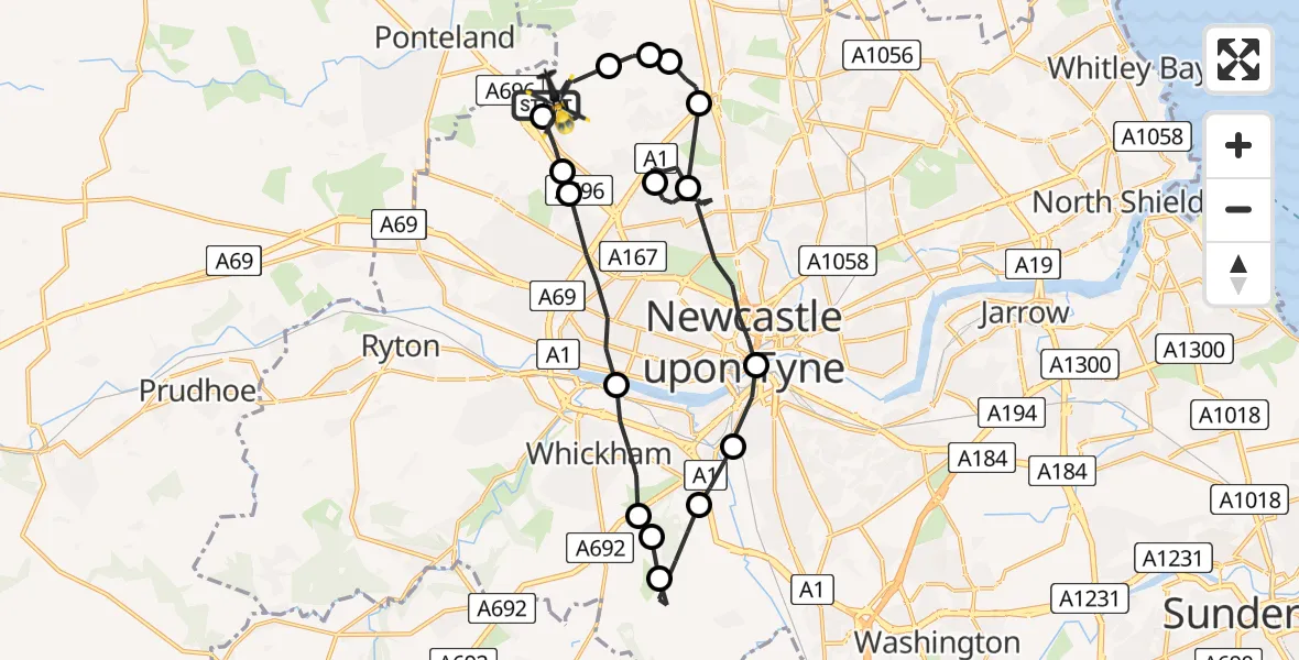 Flight path map showing Police Helicopter route from Newcastle International Airport to Newcastle International Airport