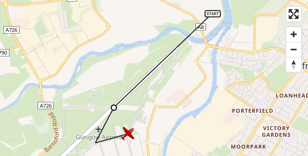 Flight path map showing Air Ambulance Aircraft route from Renfrew to Glasgow Airport
