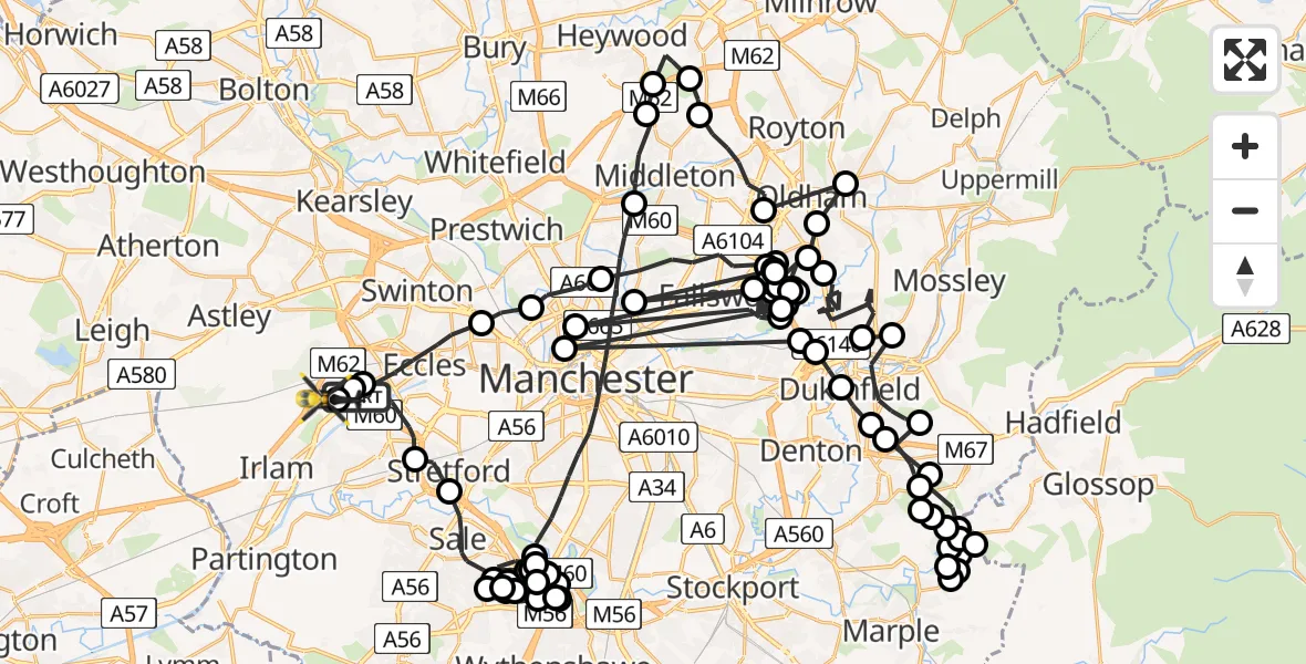 Flight path map showing Police Helicopter route from Eccles to Manchester Barton Aerodrome