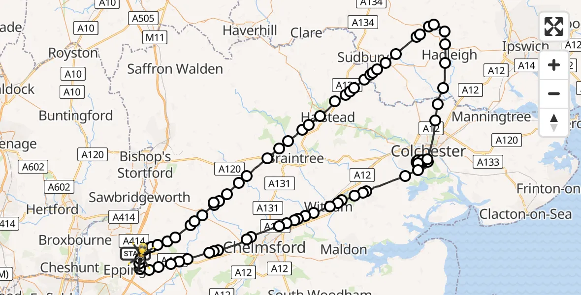Flight path map showing Police Helicopter route from North Weald Bassett to North Weald Airfield