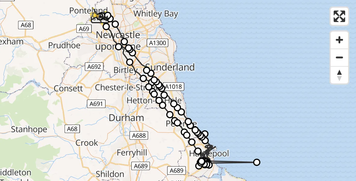 Flight path map showing Police Helicopter route from Newcastle International Airport to Newcastle International Airport