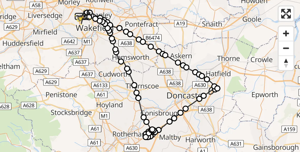 Flight path map showing Police Helicopter route from East Ardsley to East Ardsley