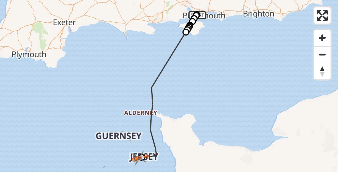 Flight path map showing Coastguard Helicopter route from Solent Airport to Jersey Airport