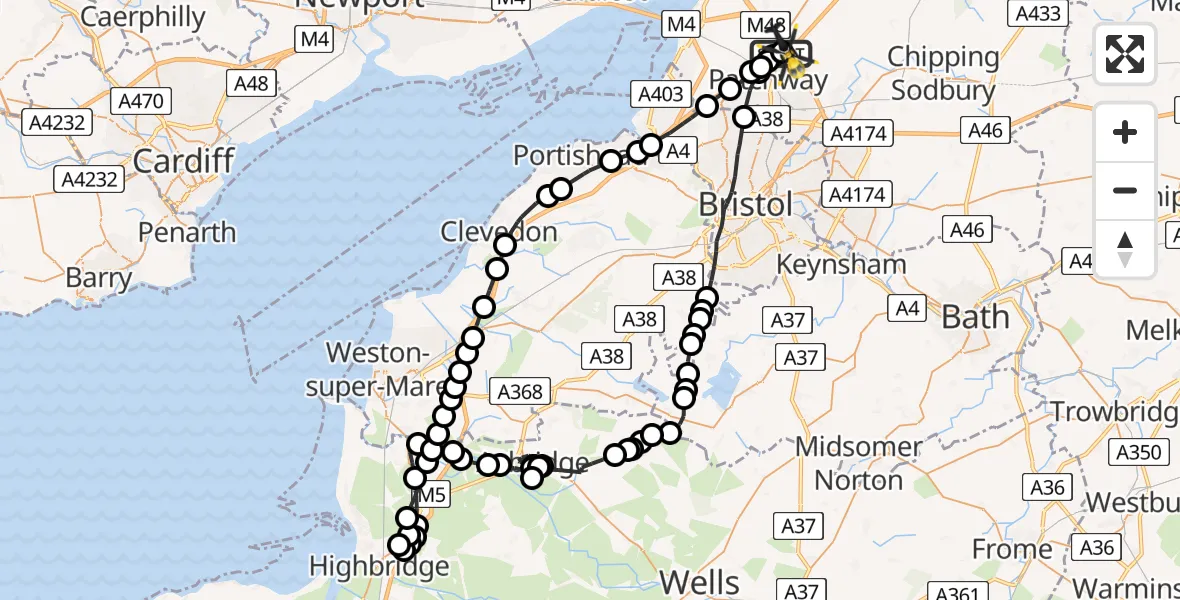 Flight path map showing Police Helicopter route from Almondsbury Helicopter Base to Almondsbury Helicopter Base