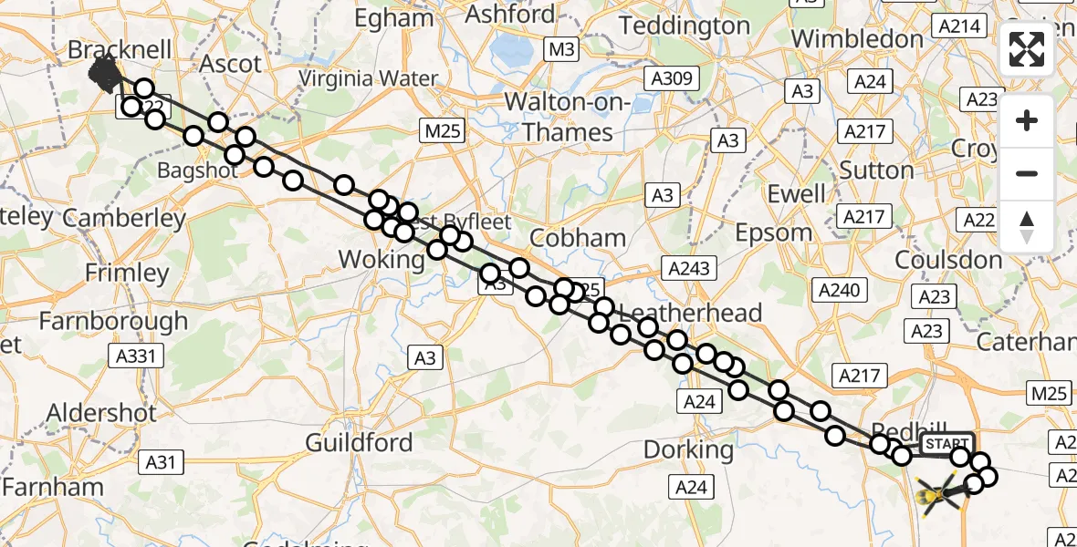 Flight path map showing Police Helicopter route from South Nutfield to Redhill Aerodrome