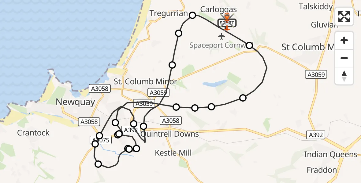 Flight path map showing Coastguard Helicopter route from Cornwall Airport Newquay to Cornwall Airport Newquay