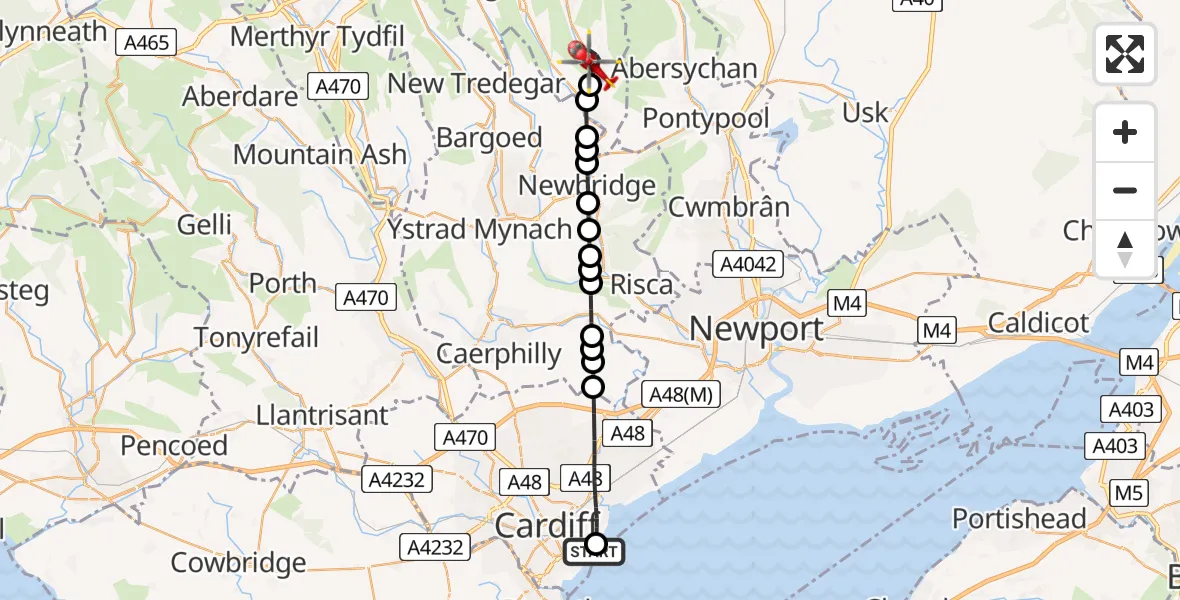 Flight path map showing Air Ambulance Helicopter route from Cardiff Heliport to Abertillery