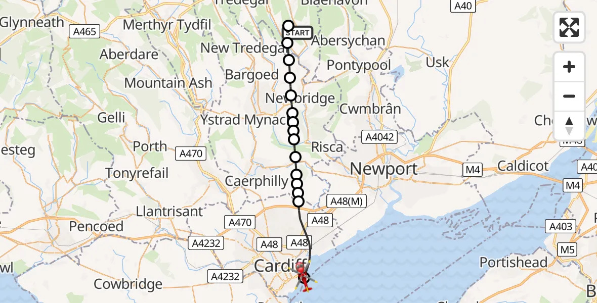 Flight path map showing Air Ambulance Helicopter route from Bournville to Cardiff Heliport