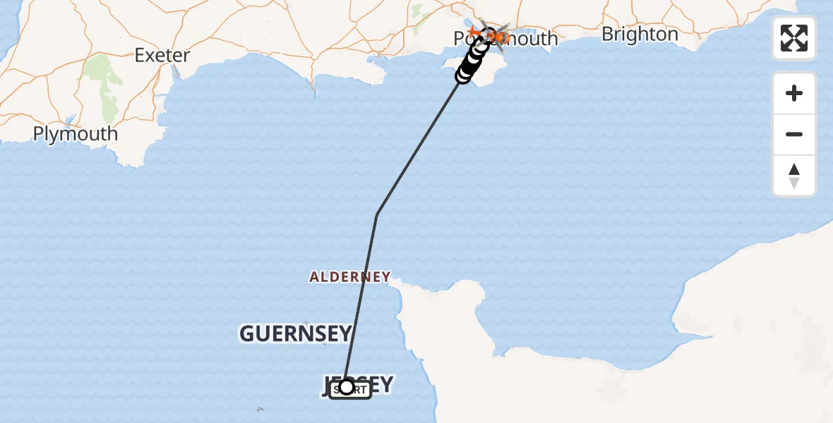 Flight path map showing Coastguard Helicopter route from Jersey Airport to Solent Airport