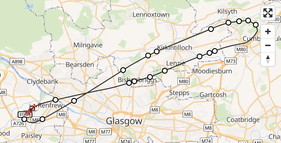 Flight path map showing Air Ambulance Helicopter route from Glasgow Airport to Glasgow Airport