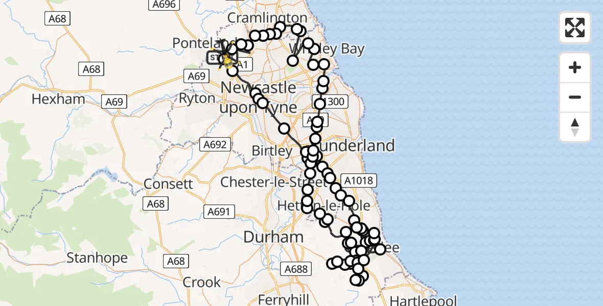 Flight path map showing Police Helicopter route from Newcastle International Airport to Newcastle International Airport