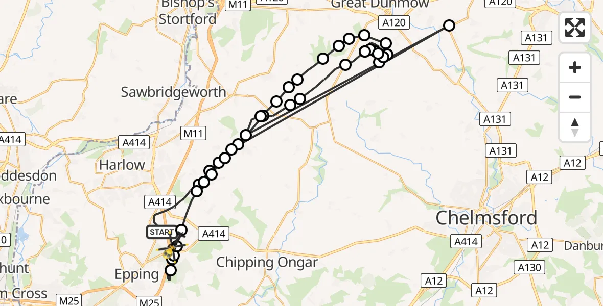Flight path map showing Police Helicopter route from North Weald Bassett to North Weald Airfield