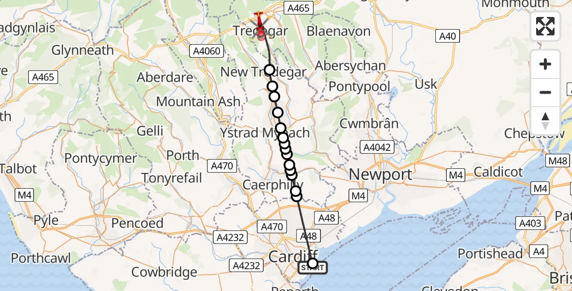 Flight path map showing Air Ambulance Helicopter route from Cardiff Heliport to Tredegar