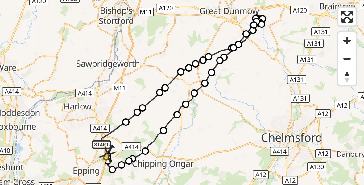 Flight path map showing Police Helicopter route from North Weald Bassett to North Weald Airfield