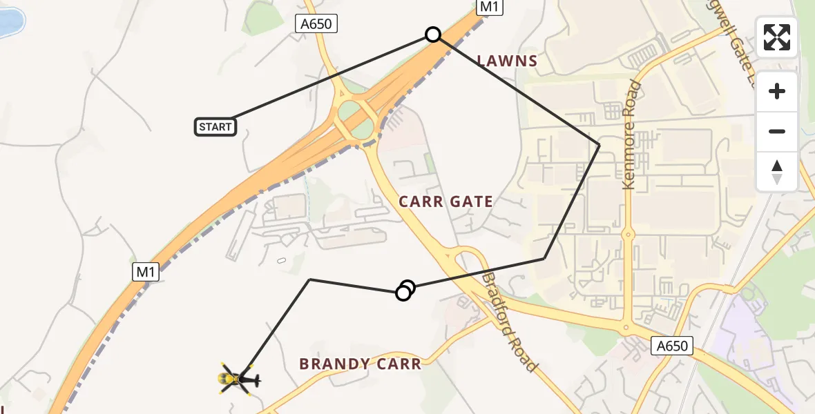 Flight path map showing Police Helicopter route from East Ardsley to East Ardsley