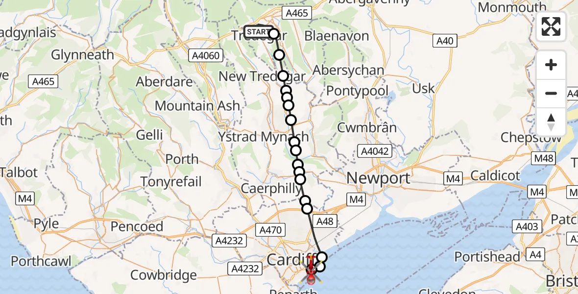 Flight path map showing Air Ambulance Helicopter route from Tredegar to Cardiff Heliport